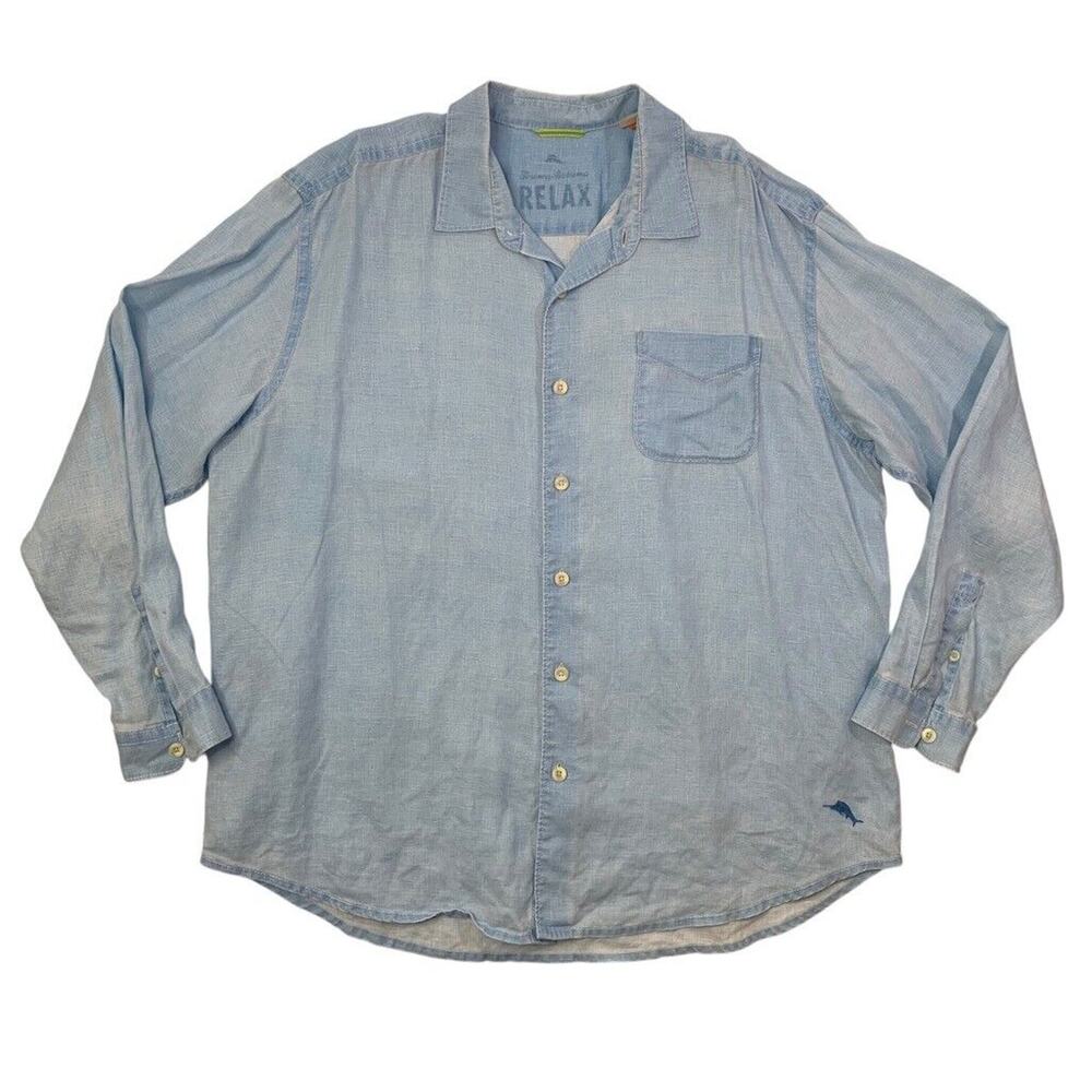 Tommy Bahama Shirt Mens XLX Big Sky Blue Linen Button Up Long Sleeve Relax Fit